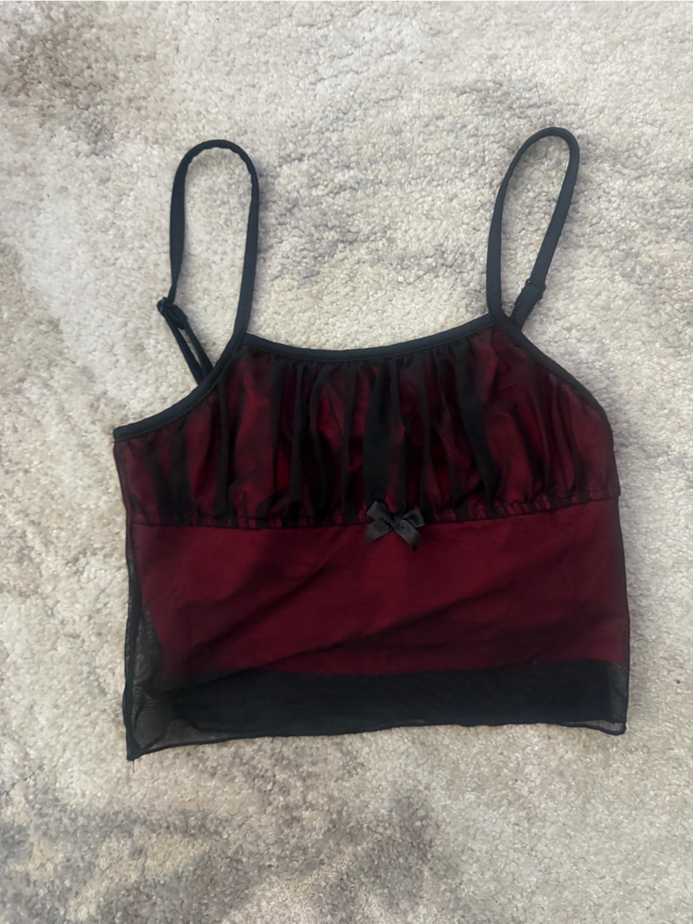 Women's Burgundy and Black Mesh Crop Top